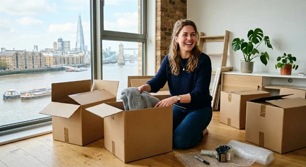 Customer happily packing boxes in a Wapping flat overlooking the Thames and Tower Bridge.